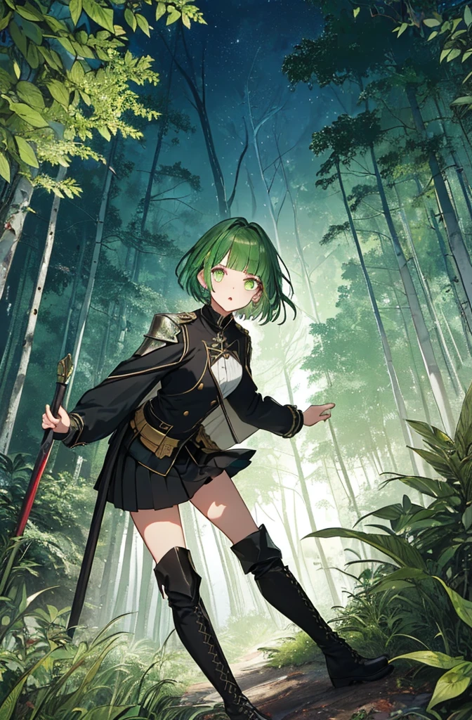 [(green hill background:1.4)::5],original,(shape:1.1),(highest quality),(Tabletop:1.1),(Highly detailed CG Unity 8k wallpaper:1.1), (colorful:0.9),(Mid Shot:0.95),(very detailed beautiful whole body),Dynamic Angle,(alone:1.2), (girl),(((Adult))), (Beautiful eyes in every detail:1.15), (Beautiful Face:1.15), (Glowing green eyes:1.25////),(Gemstone Eyes),(Green Short Hair),(Blunt bangs),((The girl wear a black knight uniform)),Realistic,, girl,Green Hair,((Black long boots)), Black mini skirt,Black knee socks(rage),(Contempt and contempt),rage,(beautiful slender girl),((Adult)),((whole body)),Valkyrie, Decorations,((Thin legs)),((slender girl)),Front Angle,Front Angle,Forest elevation,night,Forest elevation,Forest elevation,standing,