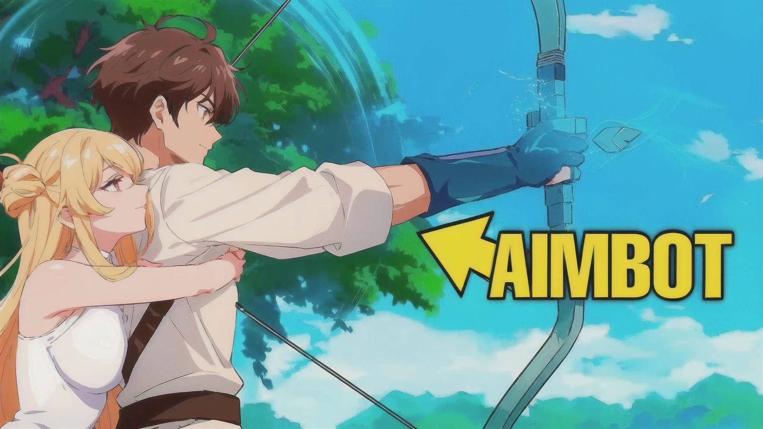 a woman with black hair and black clothes and a man with white hair white black clothes are hugging each other while holding a bow and arrow, anime men with bow and arrow, aiming, anime fencer, aiming at bow and arrow, wielding a bow, archer boy, epic anime style, anime style , trigger Anime art style, archer bow, anime photo, anime style, Anime art style