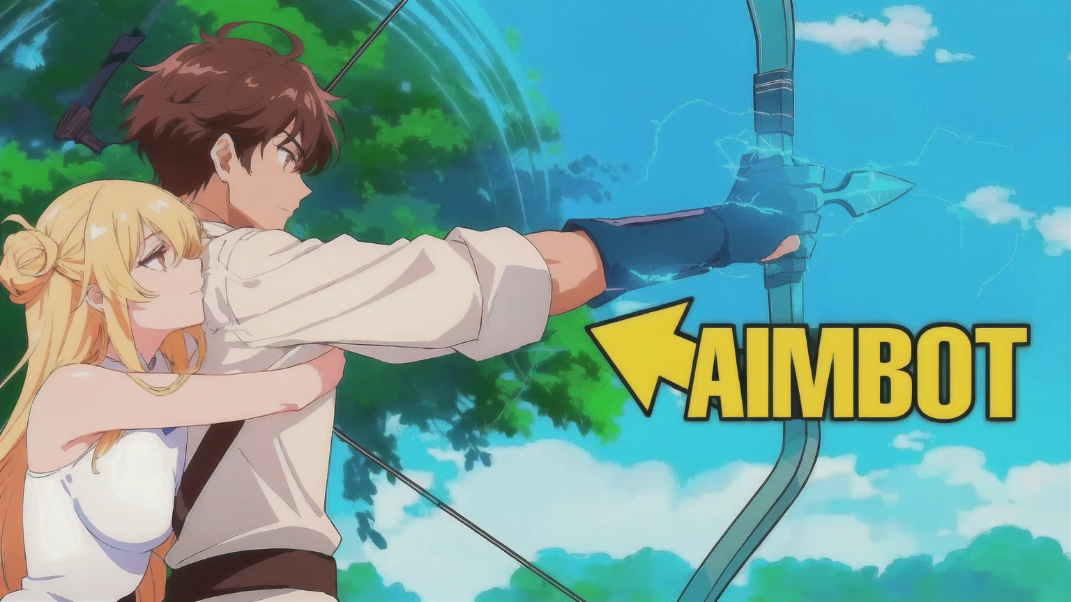 a woman with black hair and black clothes and a man with white hair white black clothes are hugging each other while holding a bow and arrow, anime men with bow and arrow, aiming, anime fencer, aiming at bow and arrow, wielding a bow, archer boy, epic anime style, anime style , trigger Anime art style, archer bow, anime photo, anime style, Anime art style