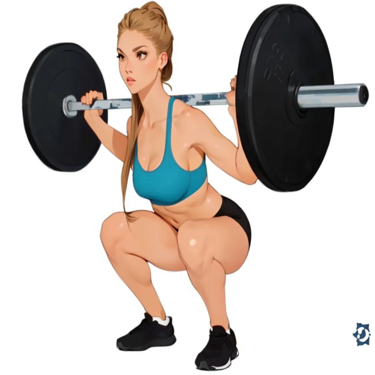 gorgeous woman, blonde, Brown eyes, practicing squats, crouching pose, strong legs, Waist slender, turned body, body is outlined erect, Body cute, beautiful woman, fit woman, apta, exercise, curvy crossfit, Slender Woman