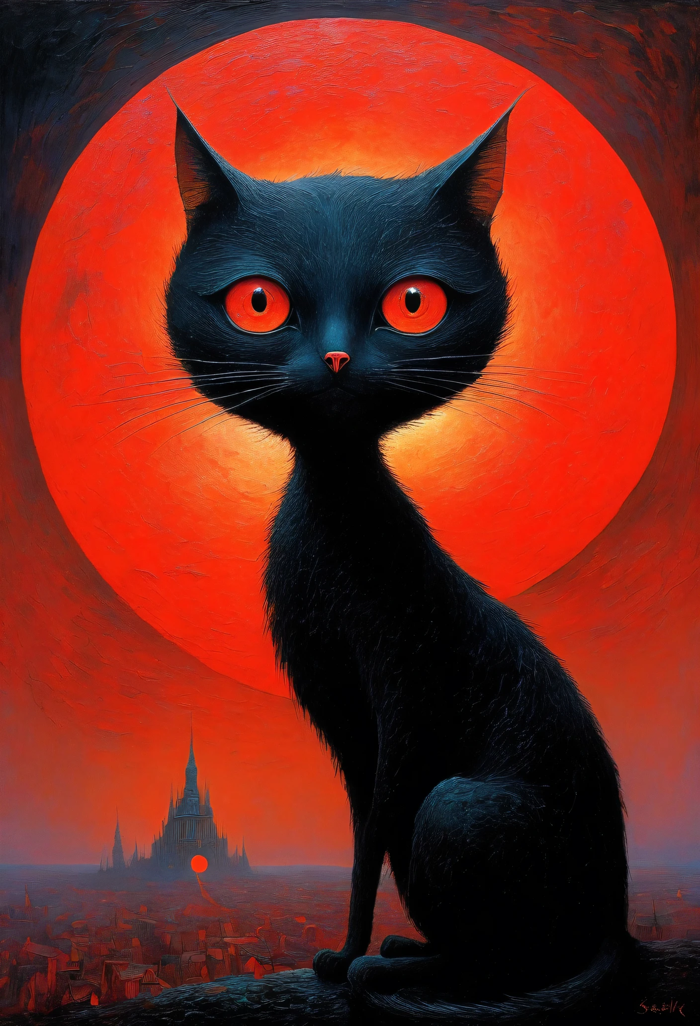 black cat, author:Zdzislaw Beksiński、Big eyes、Red Moon