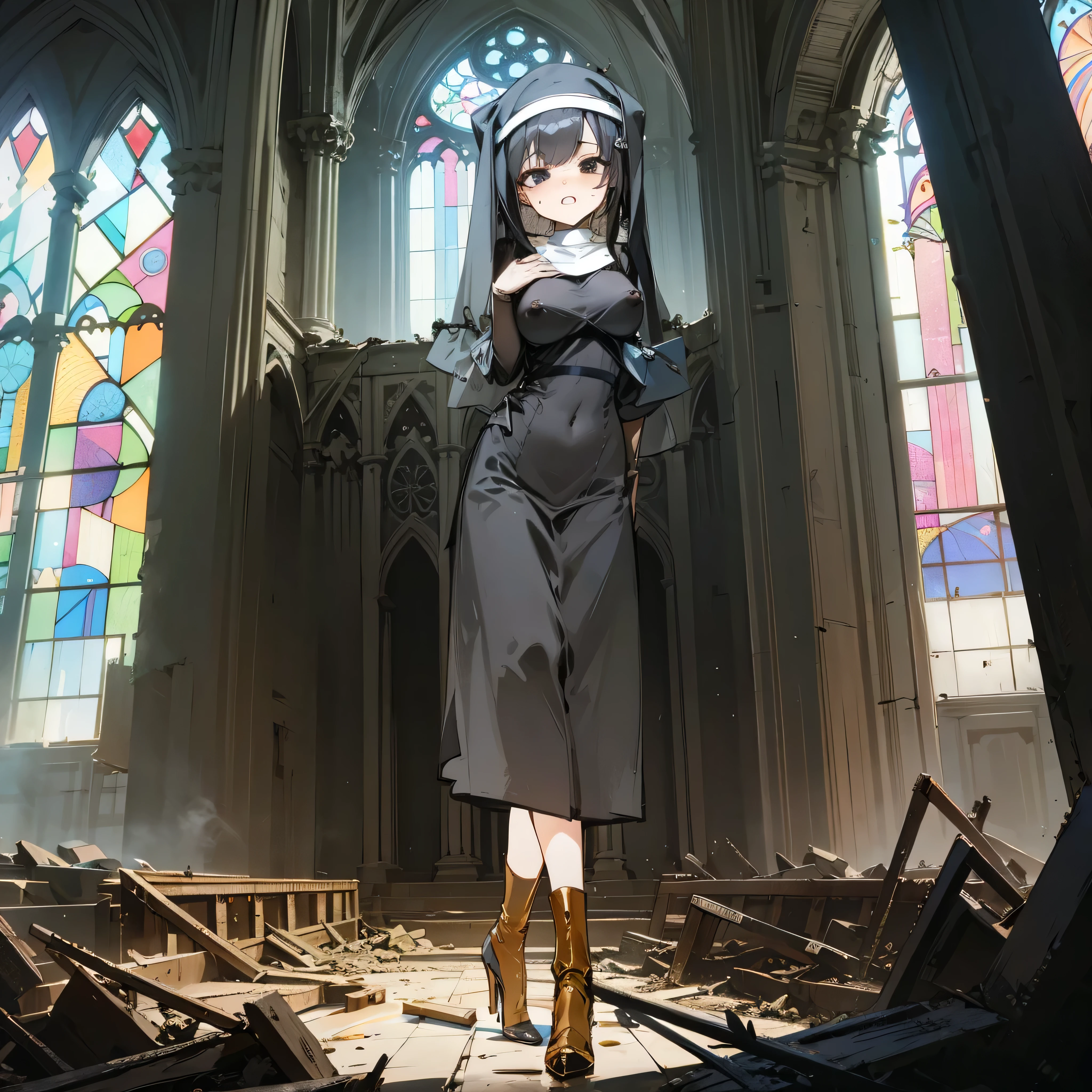 (solo), 1 skinny nun, (black sheer nun's robe), large breasts, stiletto heels, BREAK, black short hair, long sidelocks, black eyes, BREAK, short torso, skinny waist, skinny long legs, BREAK, old rotten church, devastated ruin, stained glass, BREAK, orgasm, coverd erectile nipples