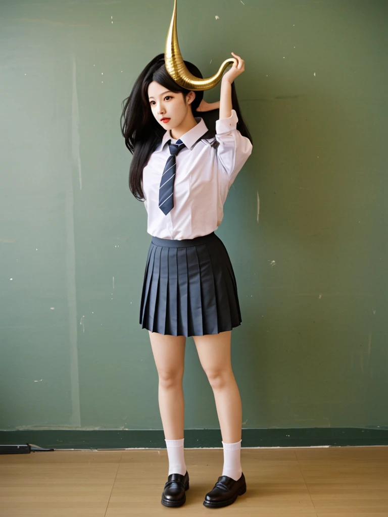 1female naga,realistic,horn on head,full body,shirt,pleated skirt,school
