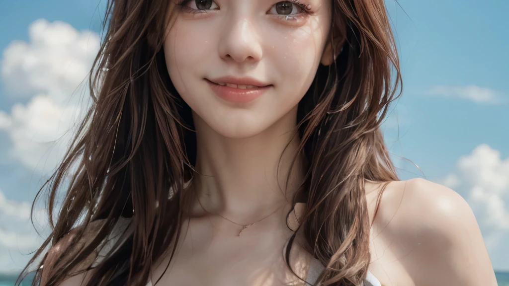 (8k, Highest quality, masterpiece:1.2), (Realistic, photo-Realistic:1.37), Very detailed, 1 girl,cute, alone,Beautifully detailed skies,date,(Red Nose),(smile:1.15),(Mouth closed) ,Beautiful details, (Long Hair:1.2),Floating Hair NovaFrogStyle, Upper Body, Tank top