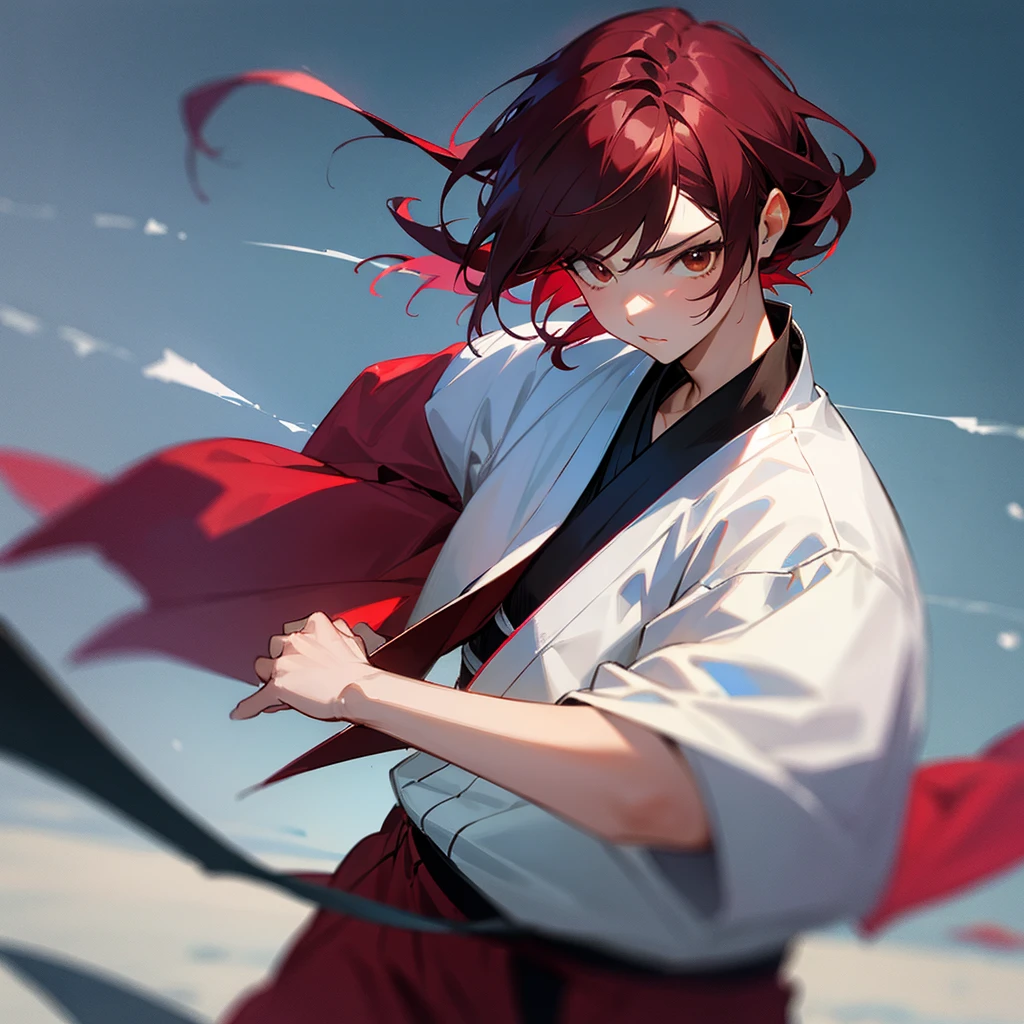 A beautiful fighter (shorth hair) (Brown eyes) (maroon hair) and with a blue judo kimono in a really cool pose