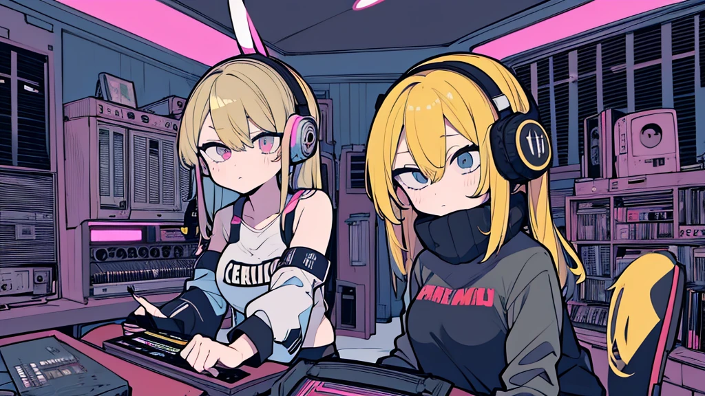 Best quality, (masterpiece), best detail face,1 girl, natural breasts, 18 yo, 8k,absurdres,unity 8k wall paper,(extremely detailed:1.3), highest realistic, (retro headphones:), (soft neon light:), (psychedelic), Her room full of music equipment and records, sports wear , See the whole room , dark grey color pallet, blonde hair, pony tail hair
