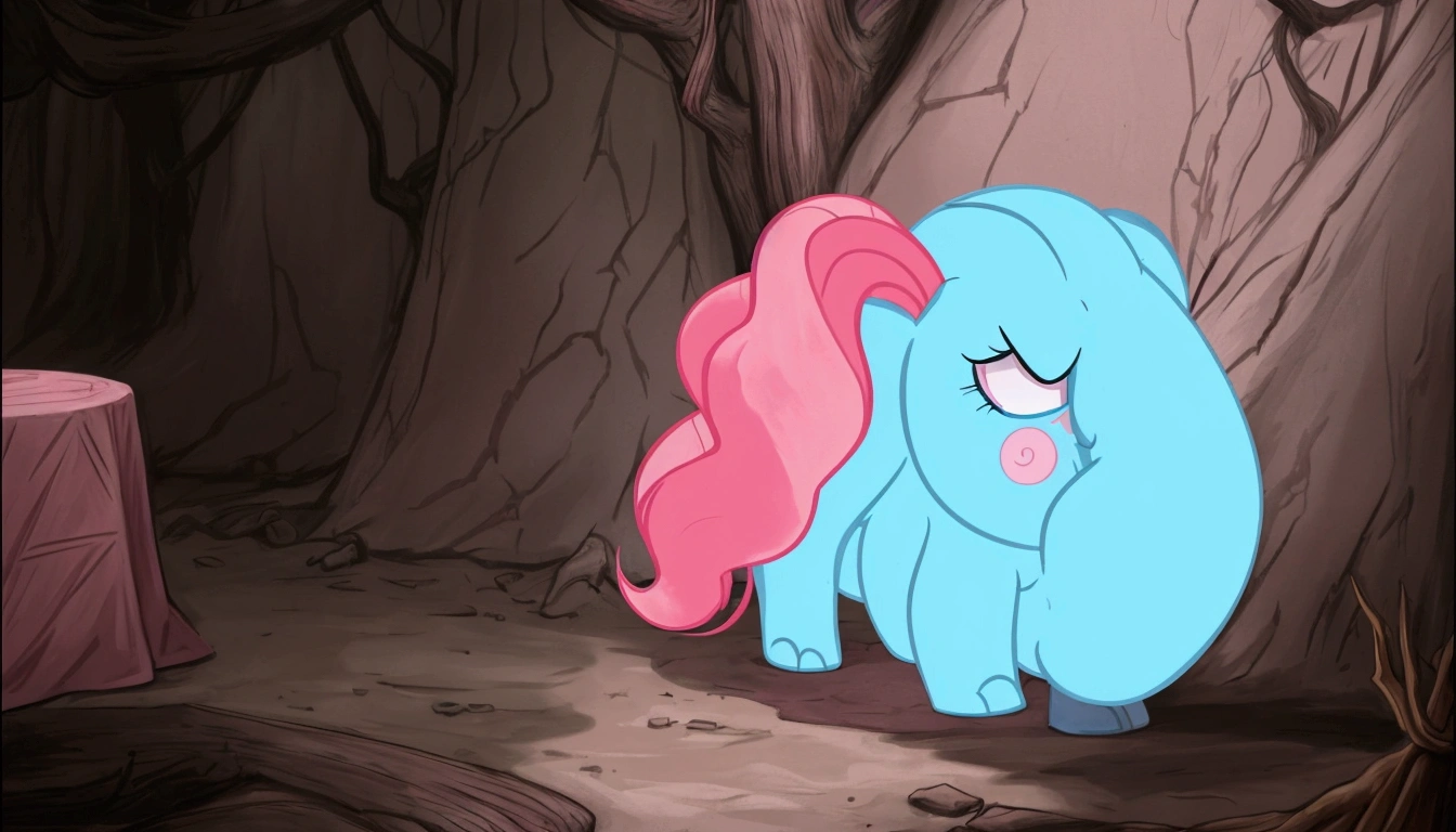 there is a cartoon of a pinkie and blue pony, pinkie pie, pinky pie my little pony, pinkie pie as a sith lord, pinkie pie equine, made of cotton candy, unicorn from the tusk movie, cotton candy, fluff, oversized_hindquarters, long trunk holding a wand, his trunk is a long tentacle