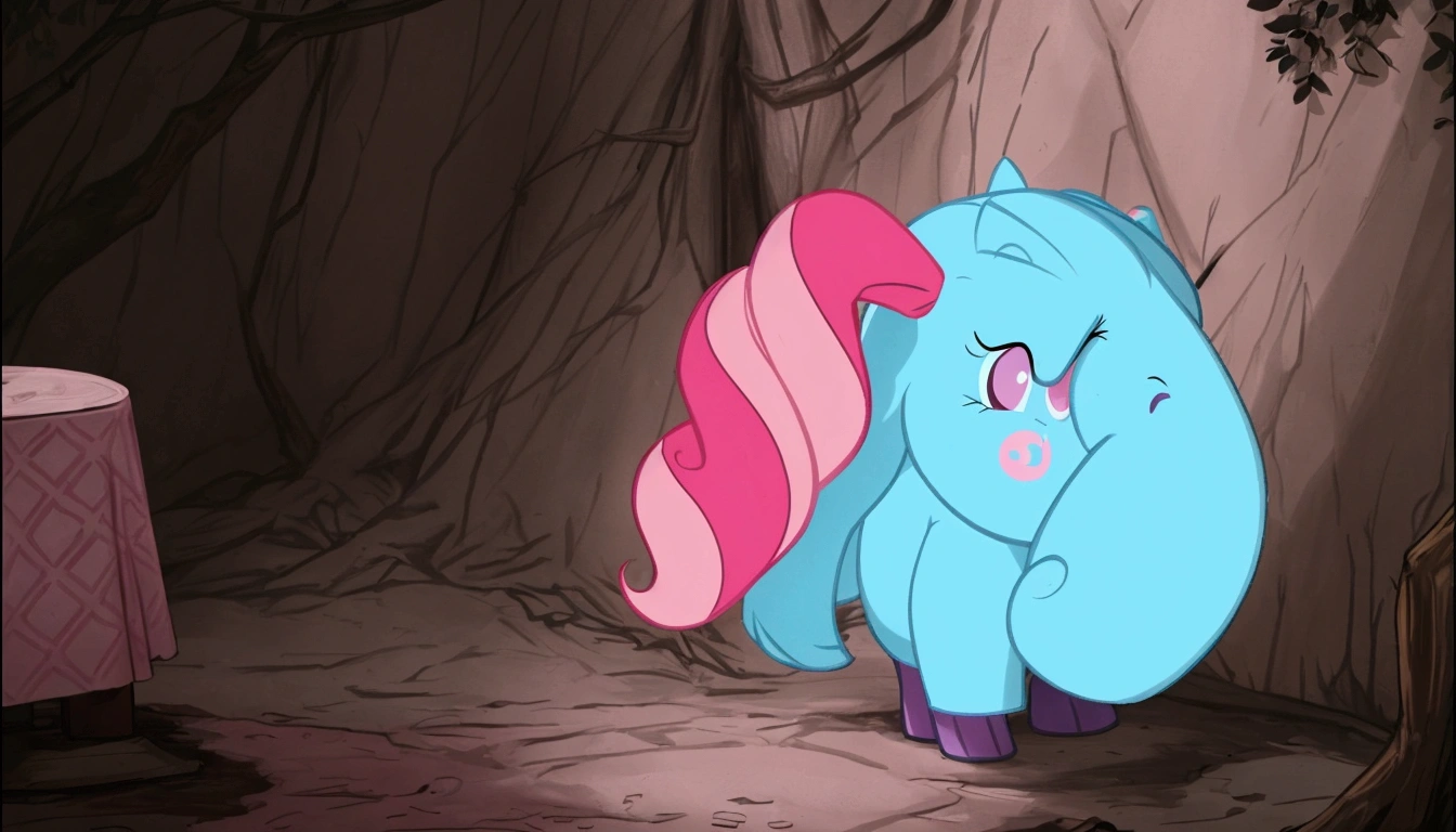 there is a cartoon picture of a pinkie pony sitting on a red blanket, fim still, windy mane, pinky pie my little pony, giddy smirk, slightly smiling, naughty expression, pinkie pie equine, very sleepy and shy, looking exhausted, slight smirk, nefarious smirk, lumpy skin, sleepy expression, holding a pudica pose