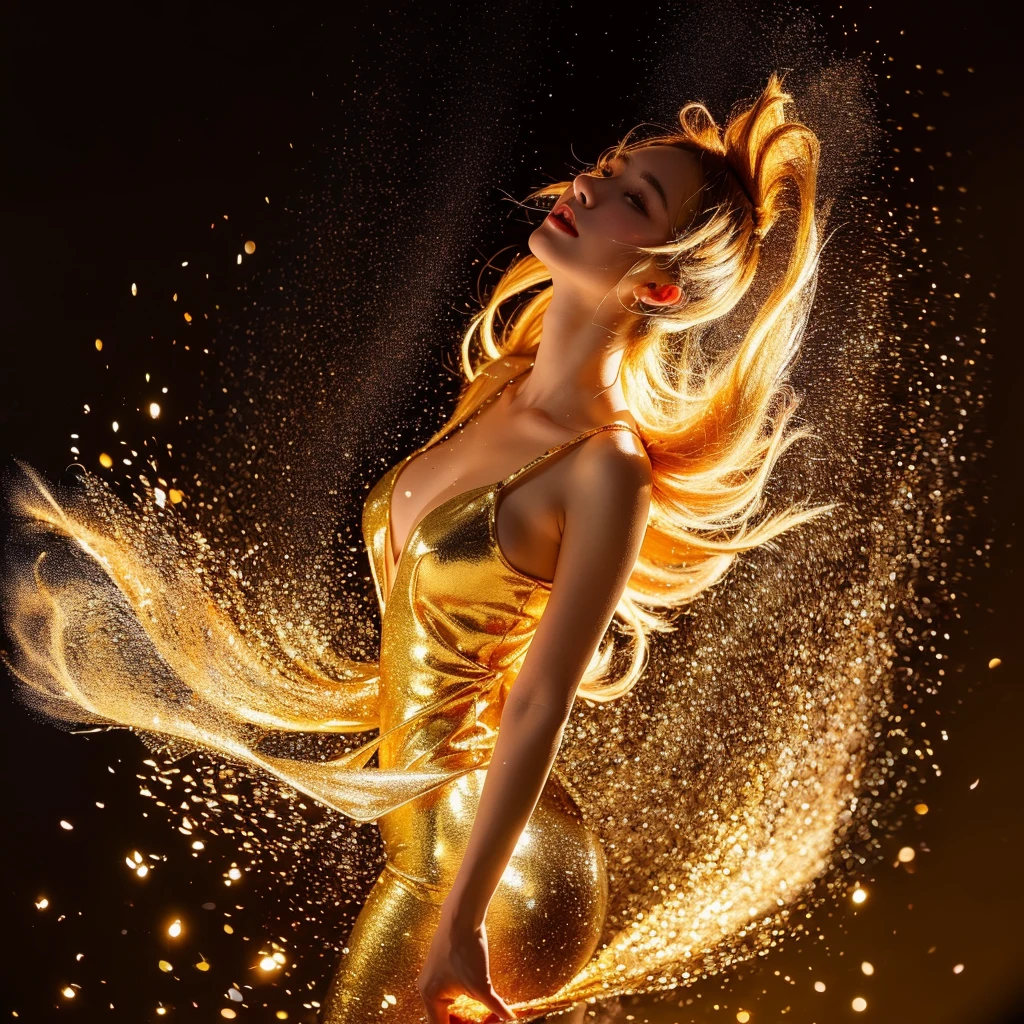 (One girl:1.1),Stars in my eyes,(Pure girl:1.1),(whole body:0.6),A lot of shiny petals are scattered,Deepening the contours,white_background,Movie angle,Gold Dust,backgroundは湖、Diving pose