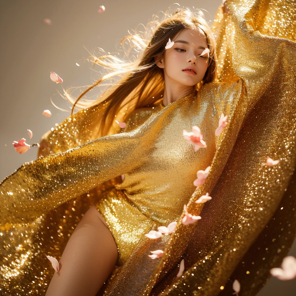 (One girl:1.1),Stars in my eyes,(Pure girl:1.1),(whole body:0.6),A lot of shiny petals are scattered,Deepening the contours,white_background,Movie angle,Gold Dust,backgroundは湖、Diving pose