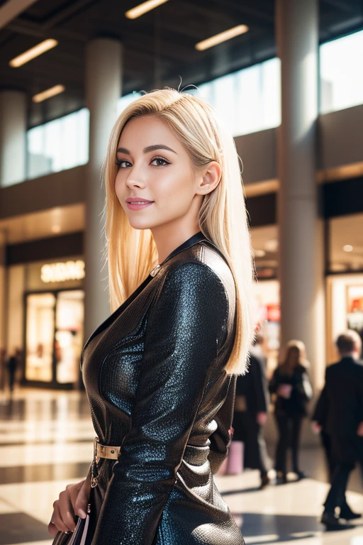 (Highest quality, 4K, 8k, High resolution, masterpiece:1.2), Very detailed, (Realistic, photoRealistic, photo-Realistic:1.37), close, Sexy and seductive Swedish model, (Smile), (Small breasts), (Slim girl), Long eyelashes, Ultra-precise makeup, Well-defined eyebrows, Platinum Blonde Hair, Fair skin, Graceful posture, Wearing large, sparkly, colorful jewelry, Wearing a business style leather dress, Standing in a big shopping mall, Gentle sunlight streaming through the windows of a shopping mall, Cast a soft glow on her face, Adding warmth to the scene, Vibrant colors, Capturing the essence of vibrant city life, Portrait Style, Showcasing her natural beauty and grace in a feminine way