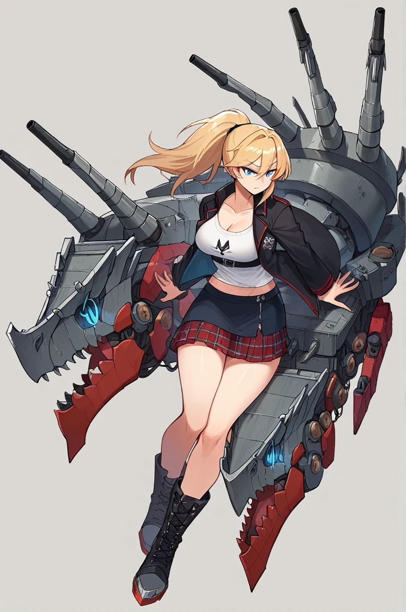 score_9, score_8_up, score_7_up, BREAK source_anime, masterpiece, best quality, 1girl, simple background, IronBlood, batl, rigging, turret, cannon, (epicrigging, livingrigging, non-humanoid robot, dinosaur, t-rex), blonde hair, ponytail, blue eyes, long hair, curvy, hot, breasts, black jacket, skirt, boots