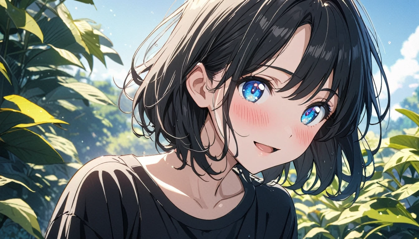 one Beautiful girl, solo, gentle smile on her face flat chest, short hair, black hair, blue eyes, (detailed eyes), Masterpiece、Anime Coloring、Ultra fine、、、One Girl、Open your mouth wide、looking at the camera、smile、blush、Watery eye、Parted bangs、DullTshir、garden、blue sky、sunny、