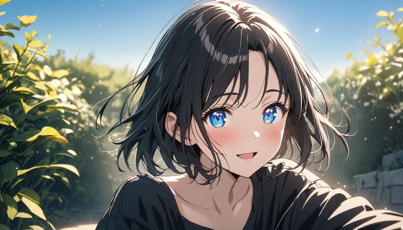 one Beautiful girl, solo, gentle smile on her face flat chest, short hair, black hair, blue eyes, (detailed eyes), Masterpiece、Anime Coloring、Ultra fine、、、One Girl、Open your mouth wide、looking at the camera、smile、blush、Watery eye、Parted bangs、DullＴshir、garden、blue sky、sunny、