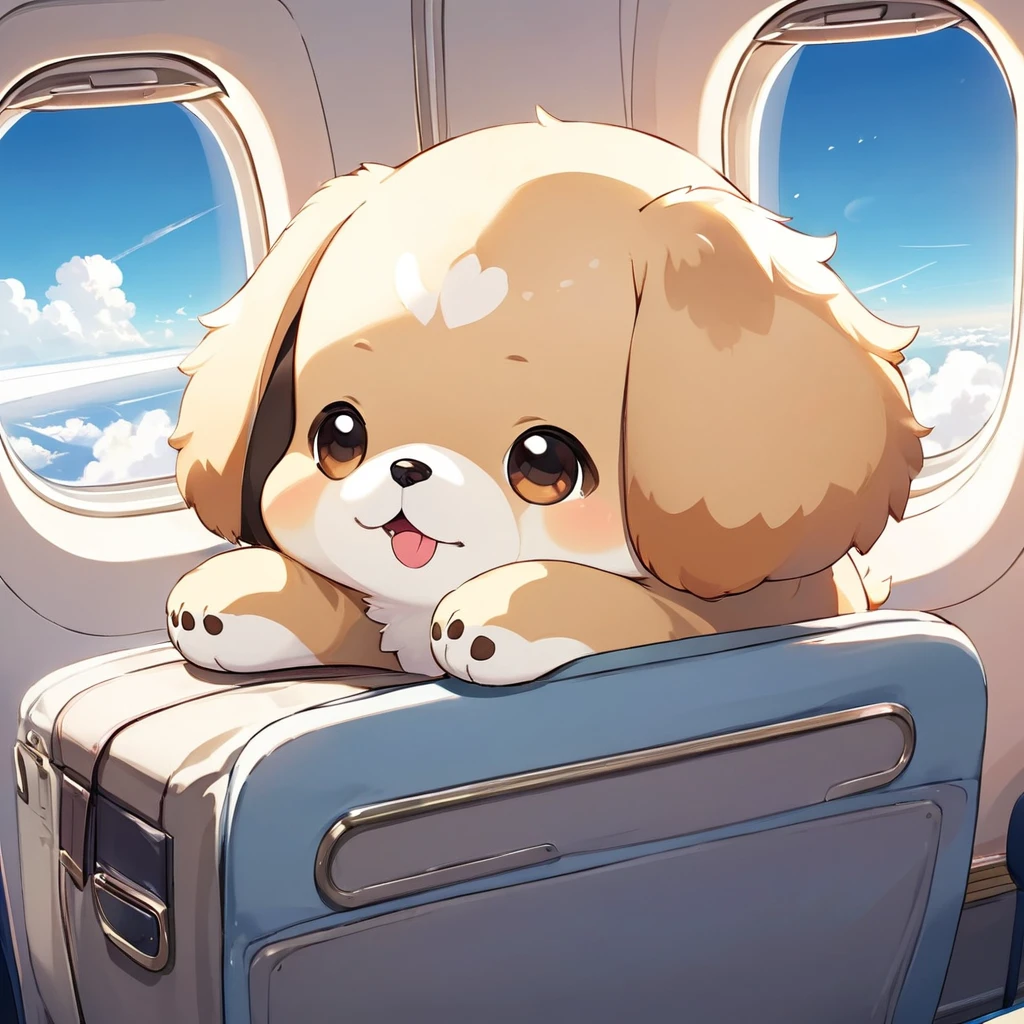 (Highest quality,Extremely detailed depiction,Incredibly absurd high resolution),Cute Puppy,Circle々Fat puppy,Deformed Characters,Being on a plane,Outside view from the airplane window,