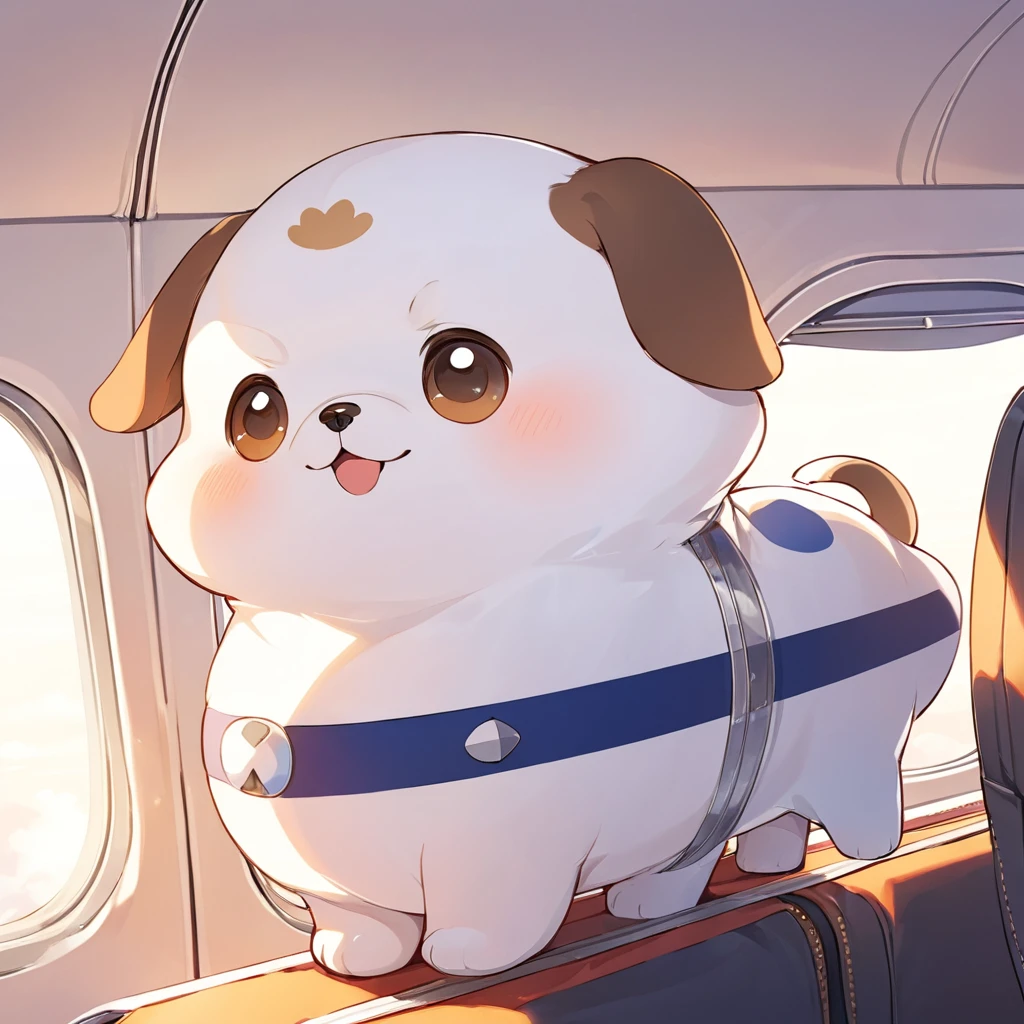 (Highest quality,Extremely detailed depiction,Incredibly absurd high resolution),Cute Puppy,Circle々Fat puppy,Deformed Characters,Being on a plane,Outside view from the airplane window,
