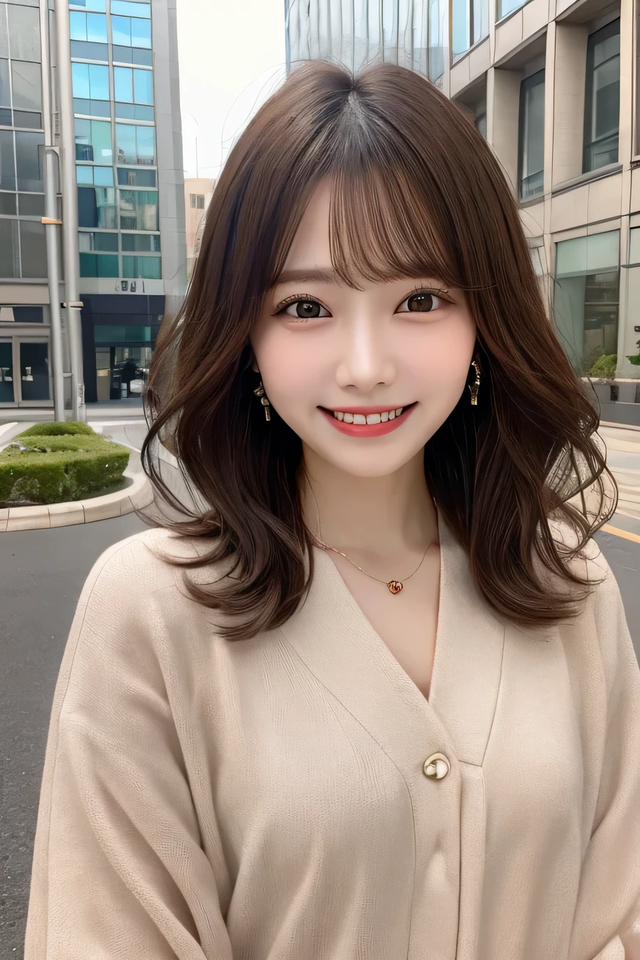 Highest quality, ,smile、Beautiful teeth alignment、Light brown hair、Short Haircut、Wavy Hair、Office Lady Suits、、ear piercing、necklace, ,、The background is the building's corridor.