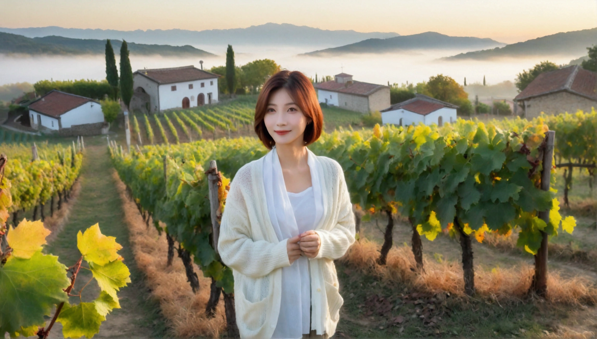 8k, 36 year old Korean woman, pretty like a model, Short hair, White shirt and short cardigan, early morning fog before sunrise, path, vineyard, monastery, italian countryside village, Vivid picture quality, Realistic perfect picture quality, dawn fog, Wide angle lens shot from afar, Vivid picture quality, Delicate and perfect picture quality, vivid grape leaves, Smiley.