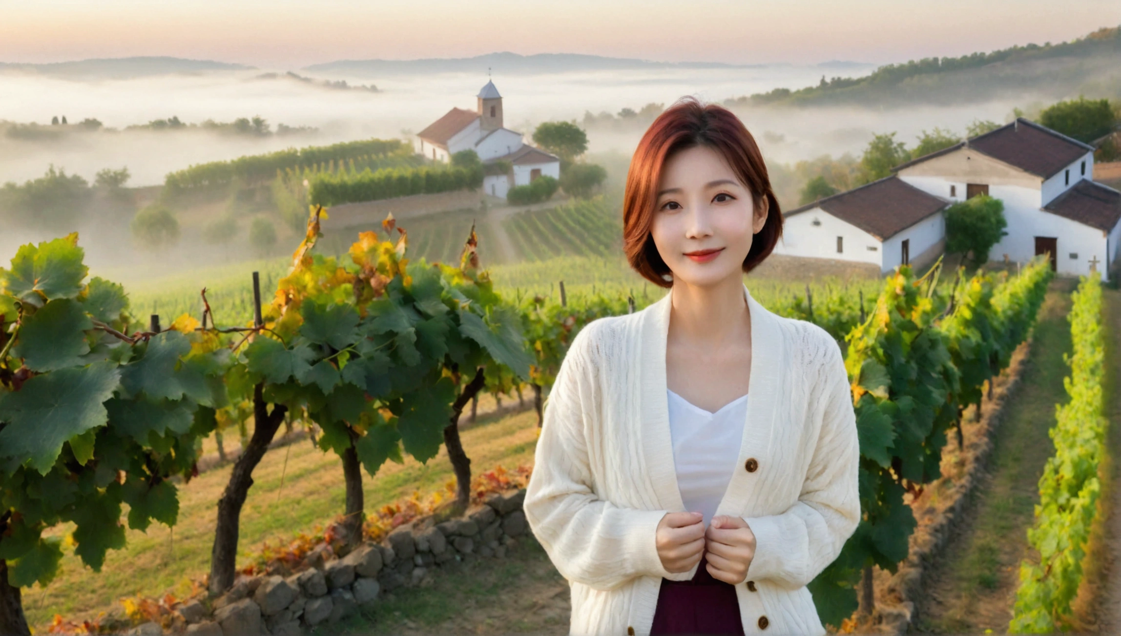 8k, 36 year old Korean woman, pretty like a model, Short hair, White shirt and short cardigan, early morning fog before sunrise, path, vineyard, monastery, italian countryside village, Vivid picture quality, Realistic perfect picture quality, dawn fog, Wide angle lens shot from afar, Vivid picture quality, Delicate and perfect picture quality, vivid grape leaves, Smiley.