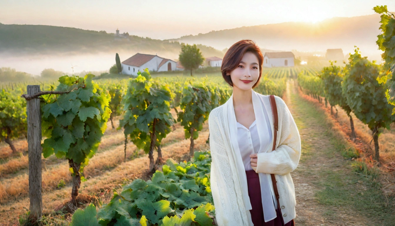 8k, 36 year old Korean woman, pretty like a model, Short hair, White shirt and short cardigan, early morning fog before sunrise, path, vineyard, monastery, italian countryside village, Vivid picture quality, Realistic perfect picture quality, dawn fog, Wide angle lens shot from afar, Vivid picture quality, Delicate and perfect picture quality, vivid grape leaves, Smiley.