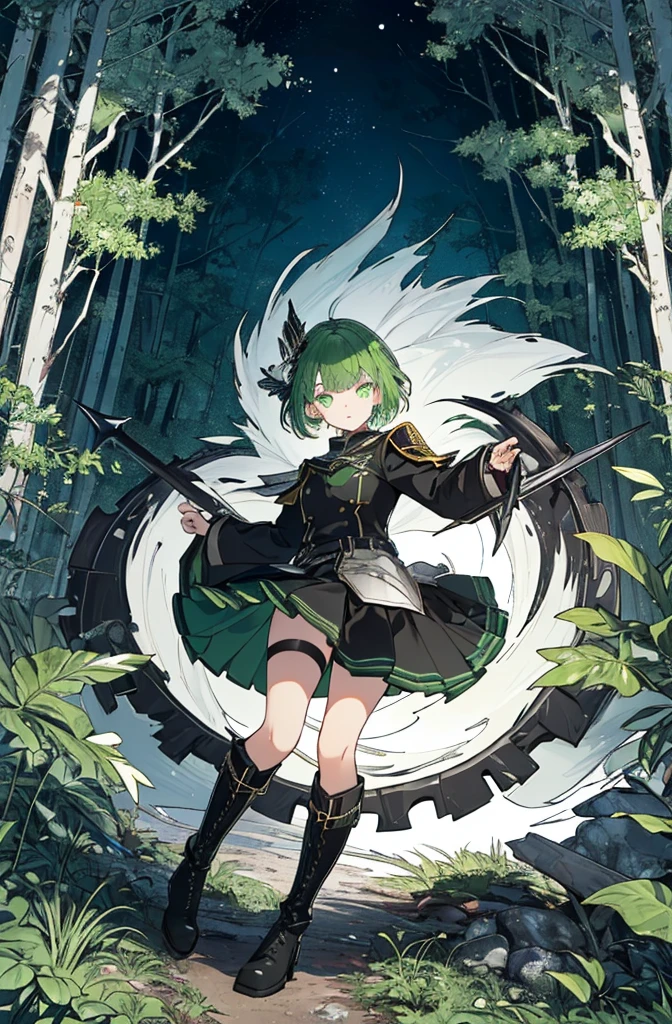 [(green hill background:1.4)::5],original,(shape:1.1),(highest quality),(Tabletop:1.1),(Highly detailed CG Unity 8k wallpaper:1.1), (colorful:0.9),(Mid Shot:0.95),(very detailed beautiful whole body),Dynamic Angle,(alone:1.2), (girl),(((Adult))), (Beautiful eyes in every detail:1.15), (Beautiful Face:1.15), (Glowing green eyes:1.25////),(Gemstone Eyes),(Green Short Hair),(Blunt bangs),((The girl wear a black knight uniform)),Realistic,, girl,Green Hair,((Black long boots)), Black mini skirt,Black knee socks(rage),(Contempt and contempt),rage,(beautiful slender girl),((Adult)),((whole body)),Valkyrie, Decorations,((Thin legs)),((slender girl)),Front Angle,Front Angle,Forest elevation,night,Looking down from a high point in the forest,