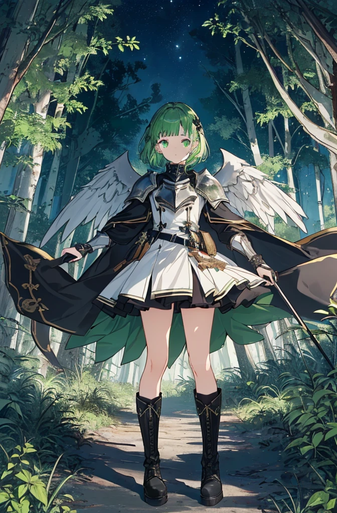 [(green hill background:1.4)::5],original,(shape:1.1),(highest quality),(Tabletop:1.1),(Highly detailed CG Unity 8k wallpaper:1.1), (colorful:0.9),(Mid Shot:0.95),(very detailed beautiful whole body),Dynamic Angle,(alone:1.2), (girl),(((Adult))), (Beautiful eyes in every detail:1.15), (Beautiful Face:1.15), (Glowing green eyes:1.25////),(Gemstone Eyes),(Green Short Hair),(Blunt bangs),((The girl wear a black knight uniform)),Realistic,, girl,Green Hair,((Black long boots)), Black mini skirt,Black knee socks(rage),(Contempt and contempt),rage,(beautiful slender girl),((Adult)),((whole body)),Valkyrie, Decorations,((Thin legs)),((slender girl)),Front Angle,Front Angle,Forest elevation,night,Looking down from a high point in the forest,