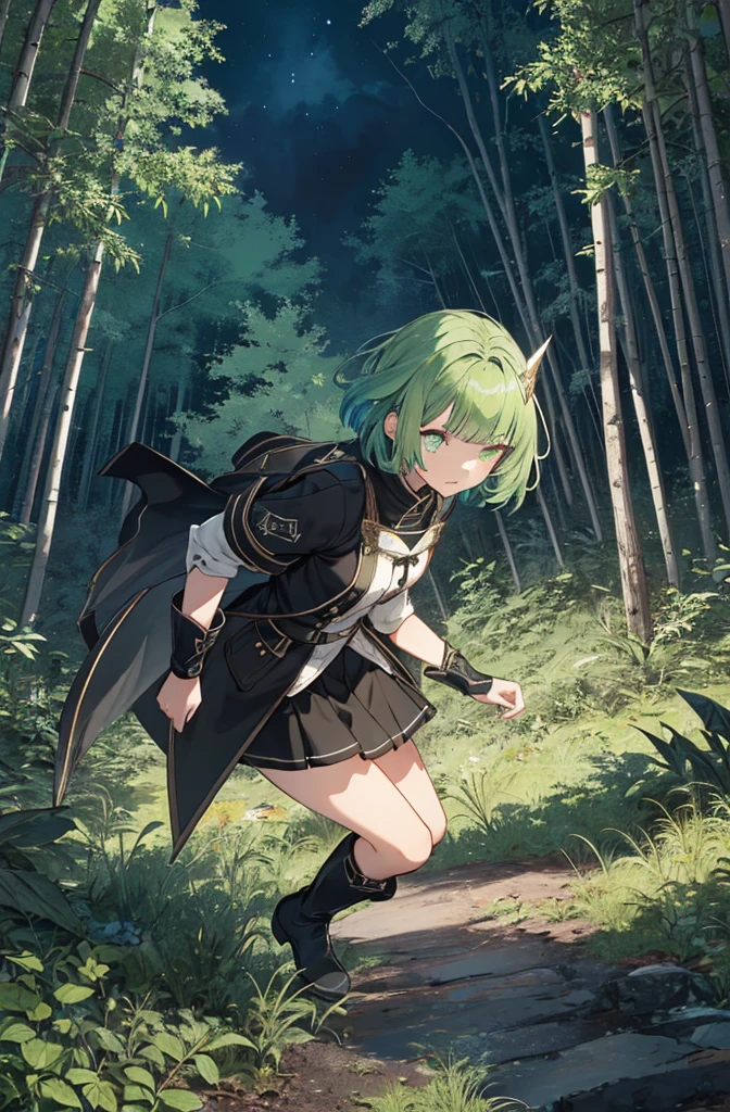 [(green hill background:1.4)::5],original,(shape:1.1),(highest quality),(Tabletop:1.1),(Highly detailed CG Unity 8k wallpaper:1.1), (colorful:0.9),(Mid Shot:0.95),(very detailed beautiful whole body),Dynamic Angle,(alone:1.2), (girl),(((Adult))), (Beautiful eyes in every detail:1.15), (Beautiful Face:1.15), (Glowing green eyes:1.25////),(Gemstone Eyes),(Green Short Hair),(Blunt bangs),((The girl wear a black knight uniform)),Realistic,, girl,Green Hair,((Black long boots)), Black mini skirt,Black knee socks(rage),(Contempt and contempt),rage,(beautiful slender girl),((Adult)),((whole body)),Valkyrie, Decorations,((Thin legs)),((slender girl)),Front Angle,Front Angle,Forest elevation,night,Looking down from a high point in the forest,