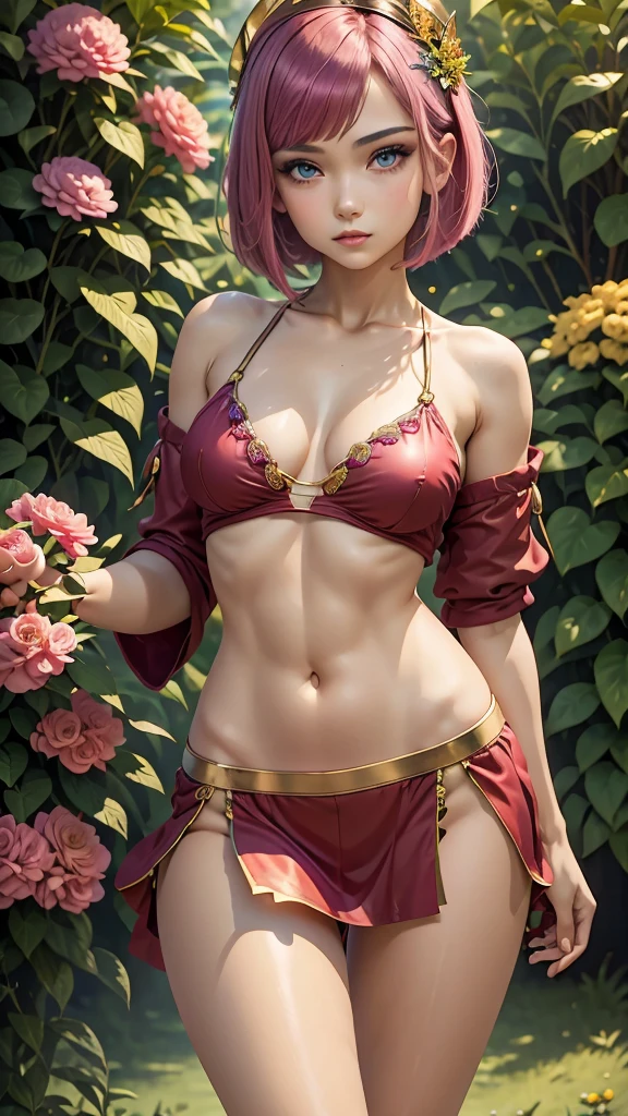 Nsfw, 18 year old beautiful girl, masterpiece, best quality, 8K animation, detailed fingers, precise fingers, not unnatural hands, illustration, 1 girl, solo, pink bob cut, nakedness, no clothing, gold crown, flower hair ornament, sagging eyes, red mini skirt, YUI