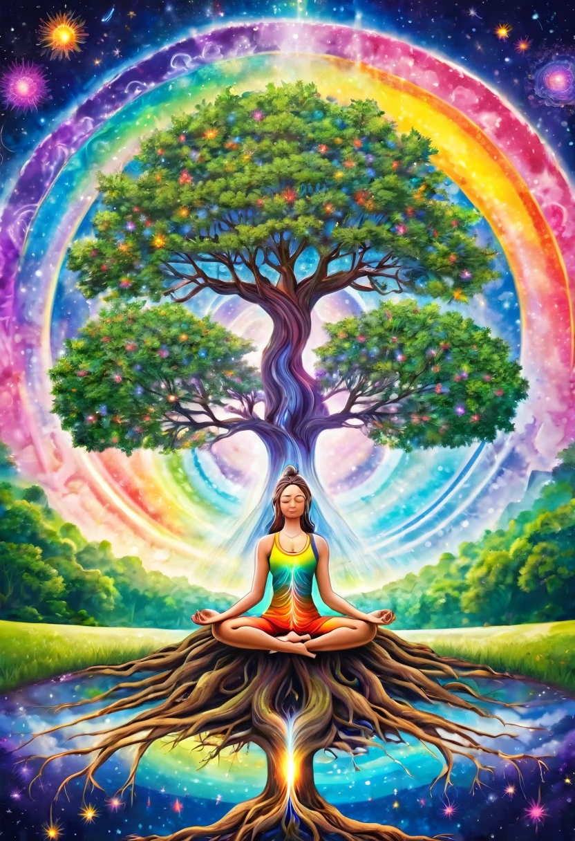 people doing yoga, meditation, their legs are the roots of a tree, the roots of the tree are connected to the center of the earth, the first chakra, mandala, above the earth, mystical world, plants, shooting stars, pastel rainbow colors Light of