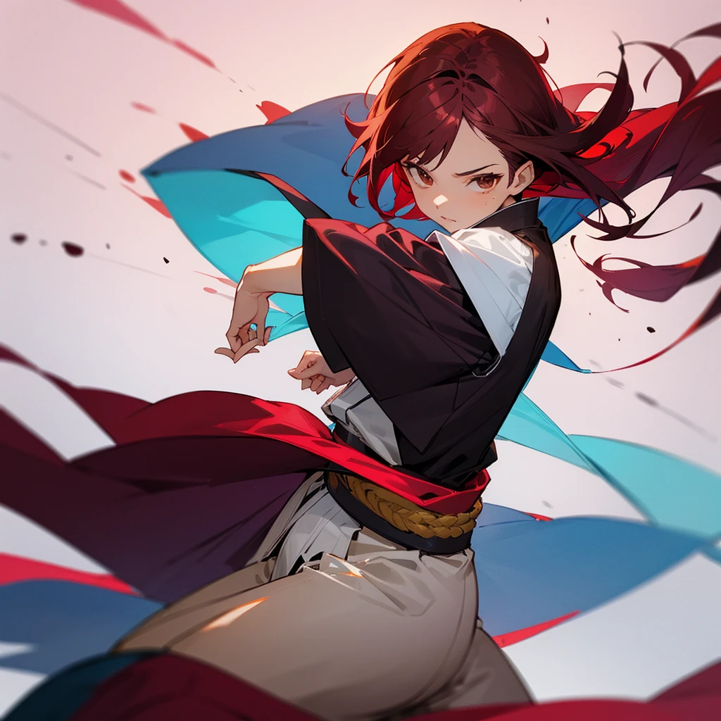 A beautiful fighter (shorth hair) (Brown eyes) (maroon hair) and with a blue judo kimono in a really cool pose