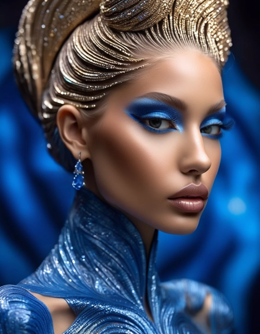 Alex Gray (Alex Grey) style,(Photos of female models walking the runway in sapphire blue ocean Luxury boutiques),Luxury boutiques, Witch clothes,Paris fashion show scene,Catwalk scene,(Full body female:1.37).Beautiful shoe background:The stepped stage is covered with fine sand,Jupiter,Recife,Sand and foam, dusty,Blue swirls swirl like bubbles, Funny hair growth, Long eyelashes, smart student, , Ray Tracing, Holy Light, Ultra HD, The anatomy of a masterpiece is correct, Textured