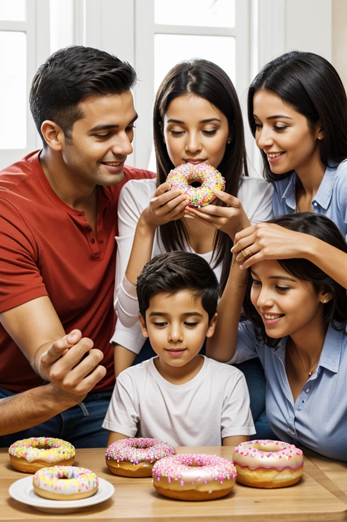 dad, mother, boy and girl eating donuts
