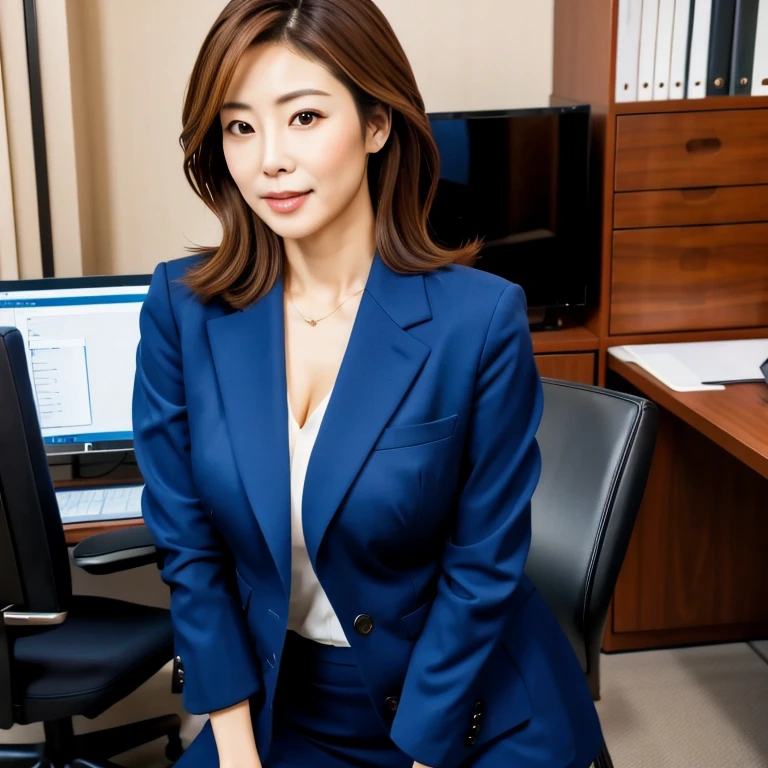 High-quality 4K, One woman, Full body image, Well-proportioned face, Beauty, A Japanese woman is standing in an office suit, a miniskirt and high heels, Well-formed fingers, Anatomically correct fingers