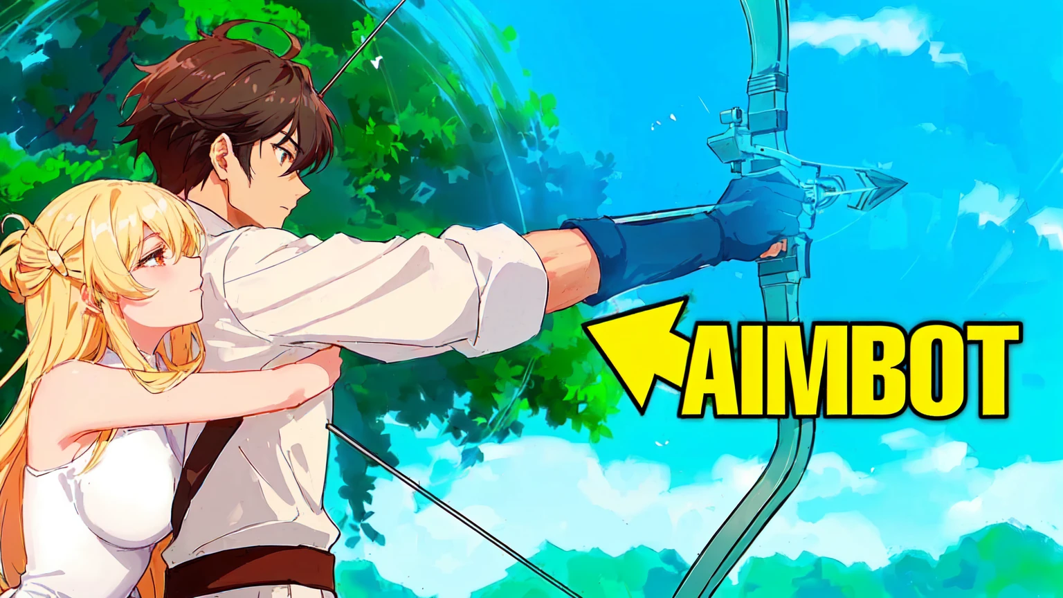 a woman with black hair and black clothes and a man with white hair white black clothes are hugging each other while holding a bow and arrow, anime men with bow and arrow, aiming, anime fencer, aiming at bow and arrow, wielding a bow, archer boy, epic anime style, anime style , trigger Anime art style, archer bow, anime photo, anime style, Anime art style
