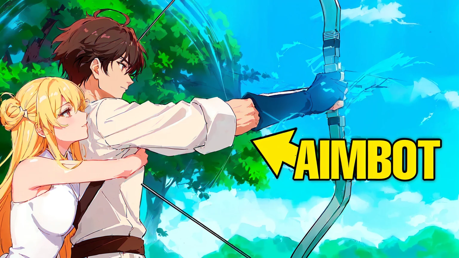 a woman with black hair and black clothes and a man with white hair white black clothes are hugging each other while holding a bow and arrow, anime men with bow and arrow, aiming, anime fencer, aiming at bow and arrow, wielding a bow, archer boy, epic anime style, anime style , trigger Anime art style, archer bow, anime photo, anime style, Anime art style