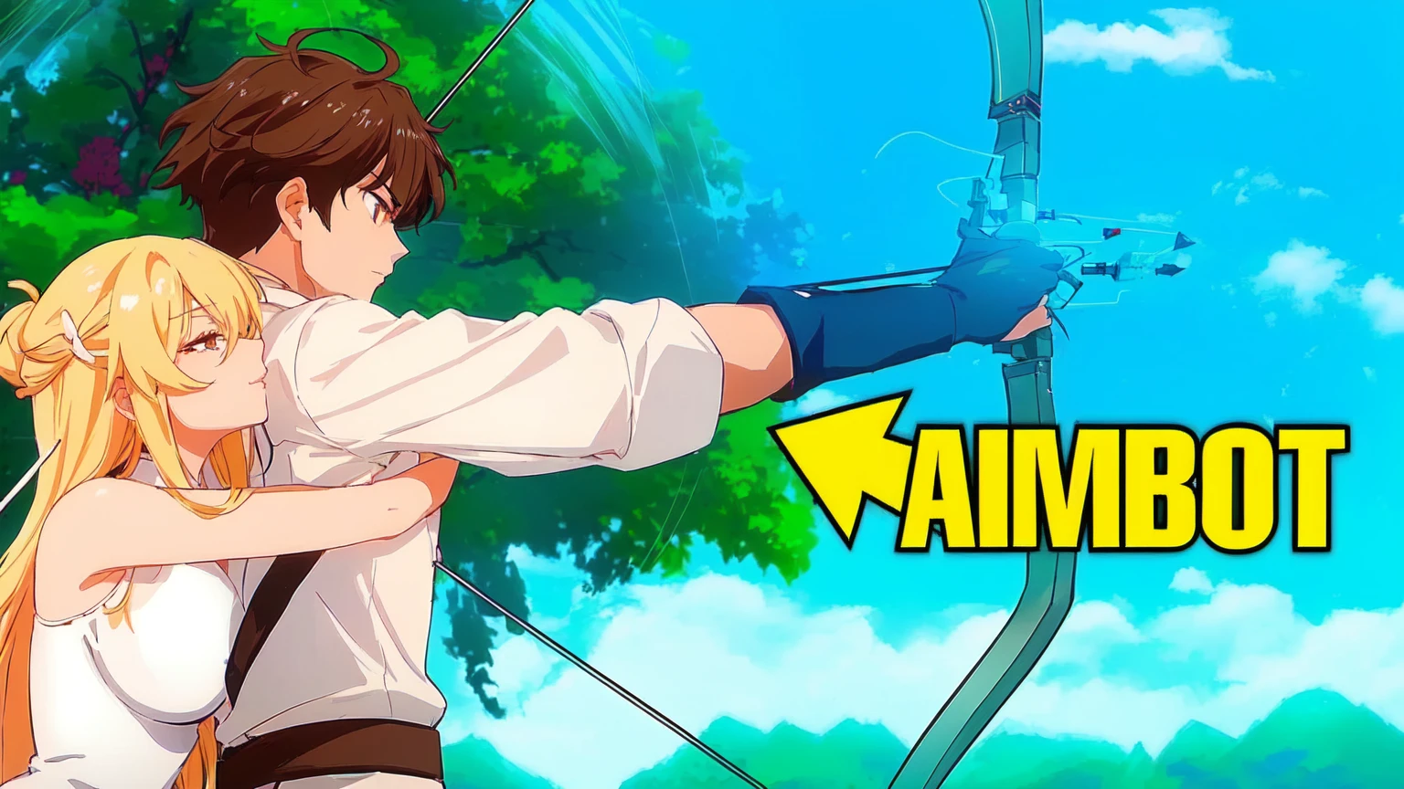 a woman with black hair and black clothes and a man with white hair white black clothes are hugging each other while holding a bow and arrow, anime men with bow and arrow, aiming, anime fencer, aiming at bow and arrow, wielding a bow, archer boy, epic anime style, anime style , trigger Anime art style, archer bow, anime photo, anime style, Anime art style