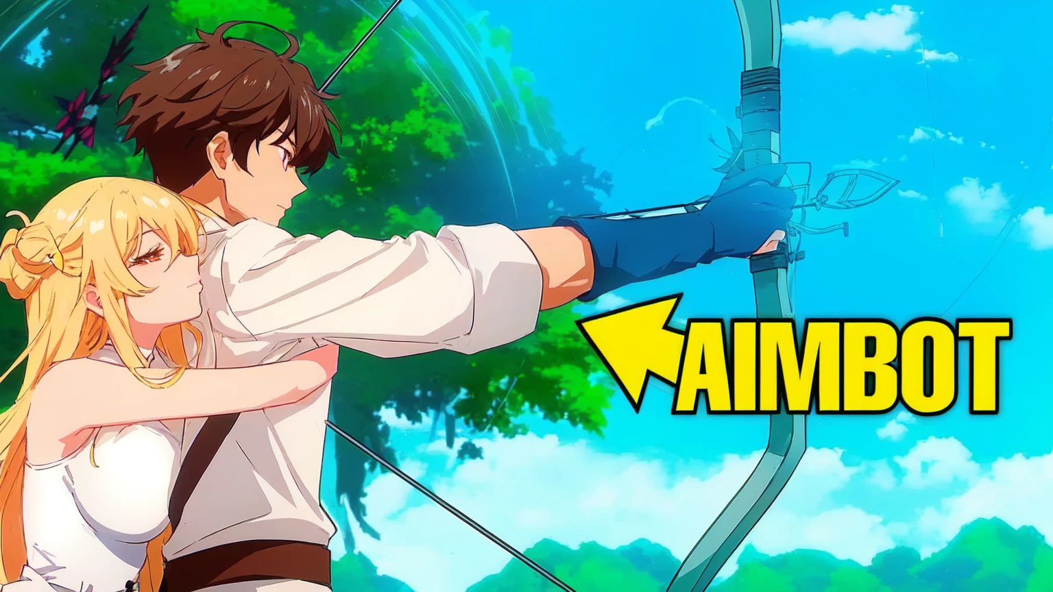 a woman with black hair and black clothes and a man with white hair white black clothes are hugging each other while holding a bow and arrow, anime men with bow and arrow, aiming, anime fencer, aiming at bow and arrow, wielding a bow, archer boy, epic anime style, anime style , trigger Anime art style, archer bow, anime photo, anime style, Anime art style