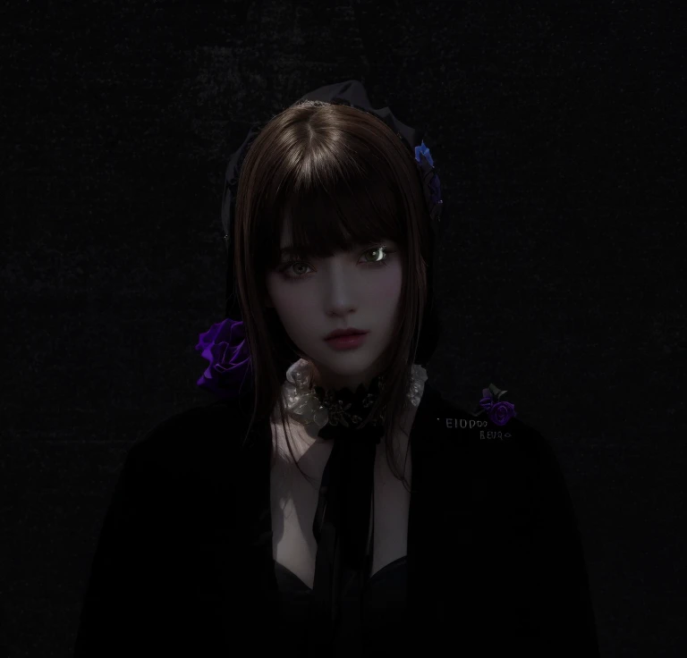 a beautiful girl, perfect face, arms at sides, masterpiece, ultra high res, high quality, 4k, upper body:1.5,  lisa (genshin impact), urple witch hat, green eyes, brown hair, (PureErosFace_V1:0.008), (european:1.6), bangs, dress, rose, jewelry, witch, capelet, purple headwear, black gloves, purple flower, hair between eyes, purple rose, parted lips, purple capelet, hat flower, multicolored dress, hair ornament,  windmill, from side,