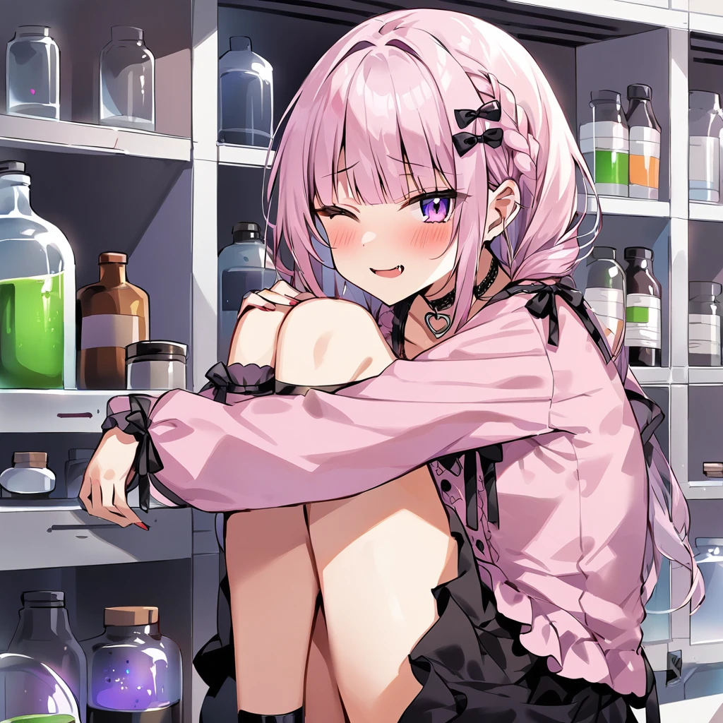 Top quality, masterpiece,a girl
, peal purple and blunt bangs hair, twin braids, eyes closed, mouth wide open and screaming, blushing, smilng,fangs,(a girl with closs hair pin,
pink shirt,cosplay, jirai kei, bangs, black skirt, black bow, looking at viewer, bow, long sleeves, choker, ribbon,:1.4),In the middle of the laboratory, a cryogenic sleep capsule is placed. A laboratory shelf, lined with bottles, a girl sitting in one of them, hugging her knees, her hair swaying in the liquid