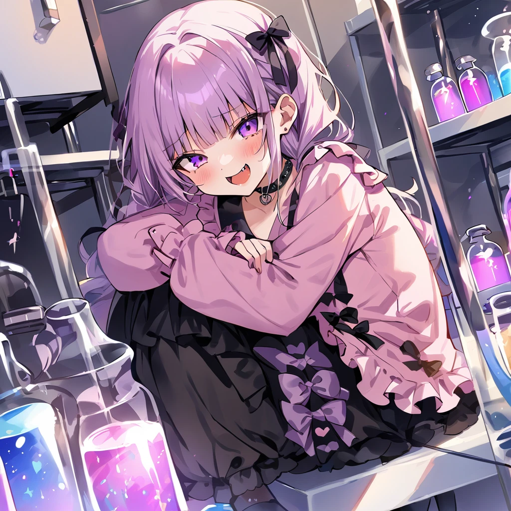 Top quality, masterpiece,a girl
, peal purple and blunt bangs hair, twin braids, eyes closed, mouth wide open and screaming, blushing, smilng,fangs,(a girl with closs hair pin,
pink shirt,cosplay, jirai kei, bangs, black skirt, black bow, looking at viewer, bow, long sleeves, choker, ribbon,:1.4),In the middle of the laboratory, a cryogenic sleep capsule is placed. A laboratory shelf, lined with bottles, a girl sitting in one of them, hugging her knees, her hair swaying in the liquid