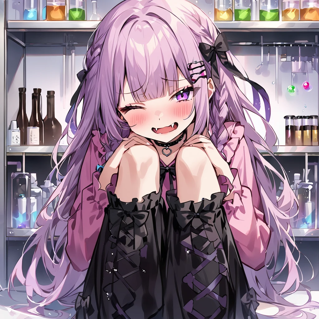 Top quality, masterpiece,a girl
, peal purple and blunt bangs hair, twin braids, eyes closed, mouth wide open and screaming, blushing, smilng,fangs,(a girl with closs hair pin,
pink shirt,cosplay, jirai kei, bangs, black skirt, black bow, looking at viewer, bow, long sleeves, choker, ribbon,:1.4),In the middle of the laboratory, a cryogenic sleep capsule is placed. A laboratory shelf, lined with bottles, a girl sitting in one of them, hugging her knees, her hair swaying in the liquid