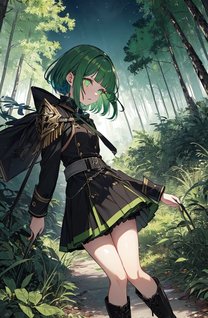 [(green hill background:1.4)::5],original,(shape:1.1),(highest quality),(Tabletop:1.1),(Highly detailed CG Unity 8k wallpaper:1.1), (colorful:0.9),(Mid Shot:0.95),(very detailed beautiful whole body),Dynamic Angle,(alone:1.2), (girl),(((Adult))), (Beautiful eyes in every detail:1.15), (Beautiful Face:1.15), (Glowing green eyes:1.25////),(Gemstone Eyes),(Green Short Hair),(Blunt bangs),((The girl wear a black knight uniform)),Realistic,, girl,Green Hair,((Black long boots)), Black mini skirt,Black knee socks(rage),(Contempt and contempt),rage,(beautiful slender girl),((Adult)),((whole body)),Valkyrie, Decorations,((Thin legs)),((slender girl)),Front Angle,Front Angle,Forest elevation,night,Forest elevation,Forest elevation,standing,