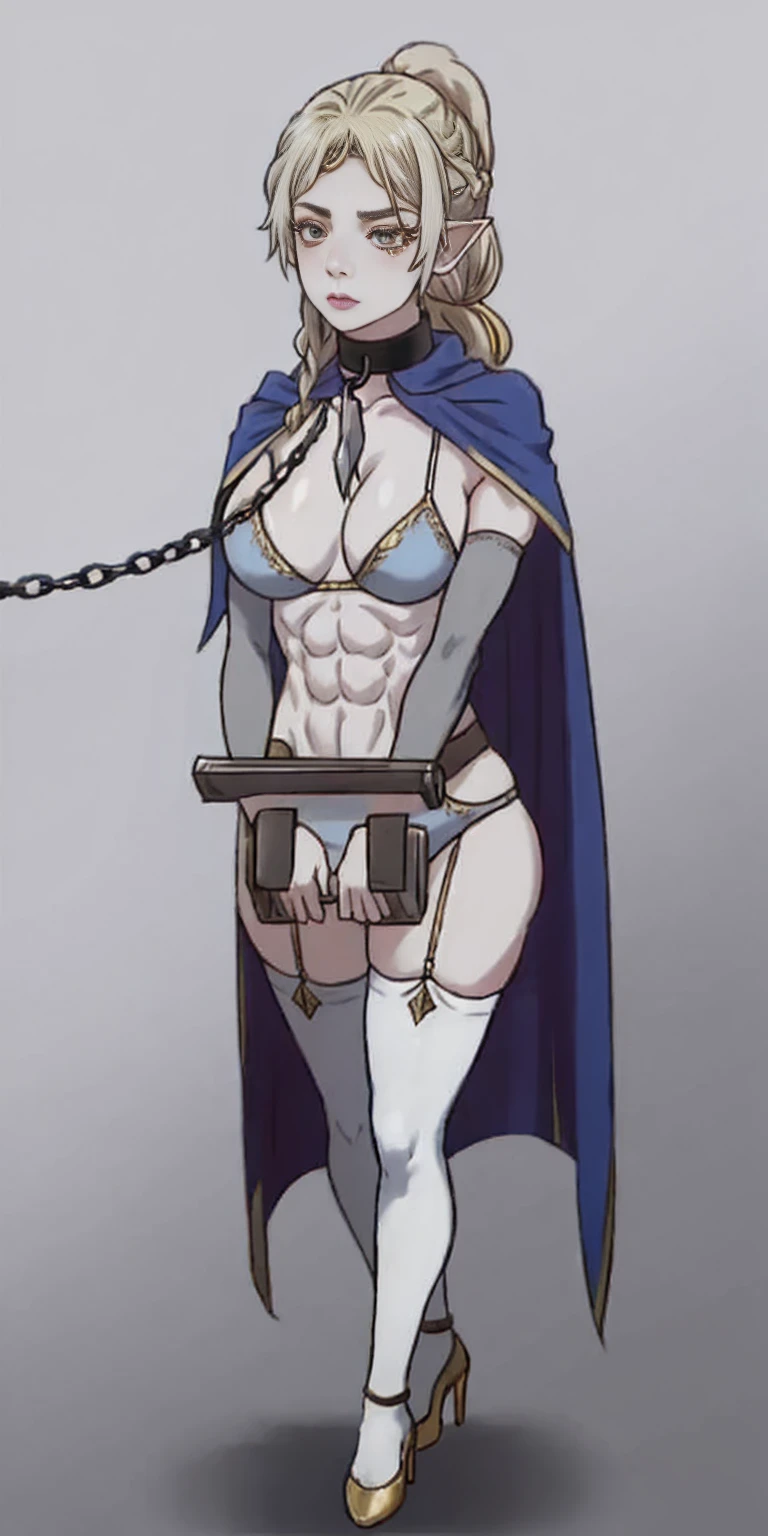 extremely long hair, ponytail, perfect anatomy 1 girl tall solo, slim thick ((muscular)) grey skin, white_hair, high elf female full body toe to head toned body, silver breast plate, blue cape, slendered abs, hourglass waist, detailed face, defined cheekbones, puffy lips, whitish gloves gauntlets, gold crown, shadow over eyes, looking at viewer, masterpiece, white thigh highs lingerie, high heels, slave metal collar choker neck bell shackles wristbands bracers bracelets sleeves (plain background:1.2)