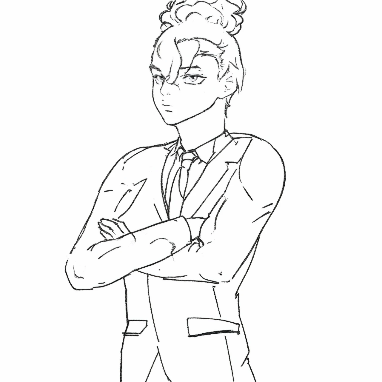 Man in a suit with purple hair and light purple eyes and with curly, elegantly parted hair