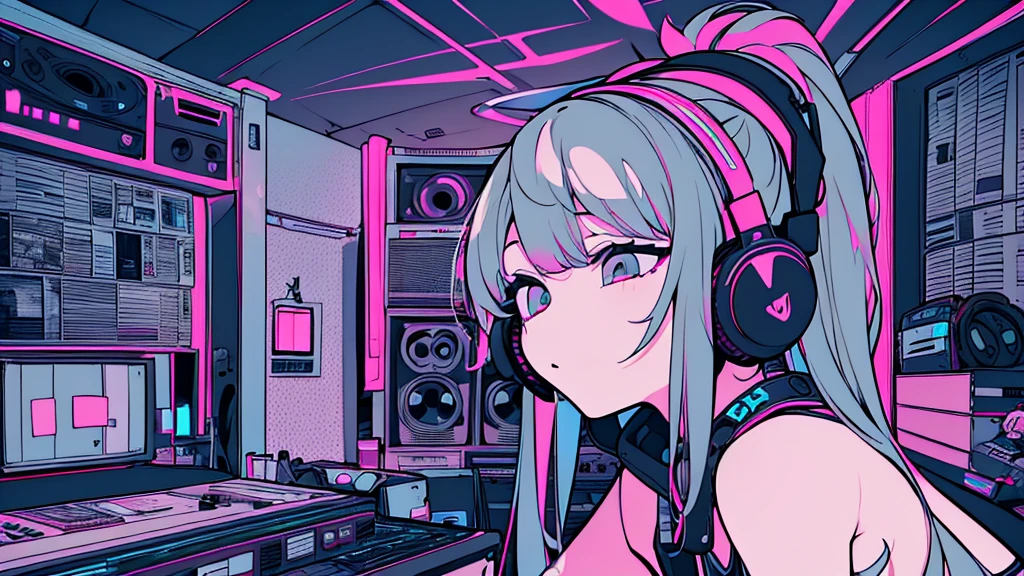 Best quality, (masterpiece), best detail face,1 girl, natural breasts, 18 yo, 8k,absurdres,unity 8k wall paper,(extremely detailed:1.3), highest realistic, (retro headphones:), (soft neon light:), (psychedelic), Her room full of music equipment and records, sports wear , See the whole room , dark grey color pallet, pony tail hair
