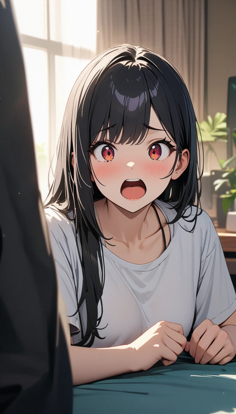 modern, Verism, masterpiece, textured skin, super detail, best quality, 4K , A beautiful woman, black hair, long hair, She has his mouth wide open, showing a very surprised expression.