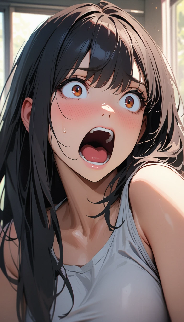 modern, Verism, masterpiece, textured skin, super detail, best quality, 4K , A beautiful woman, black hair, long hair, She has his mouth wide open, showing a very surprised expression.
