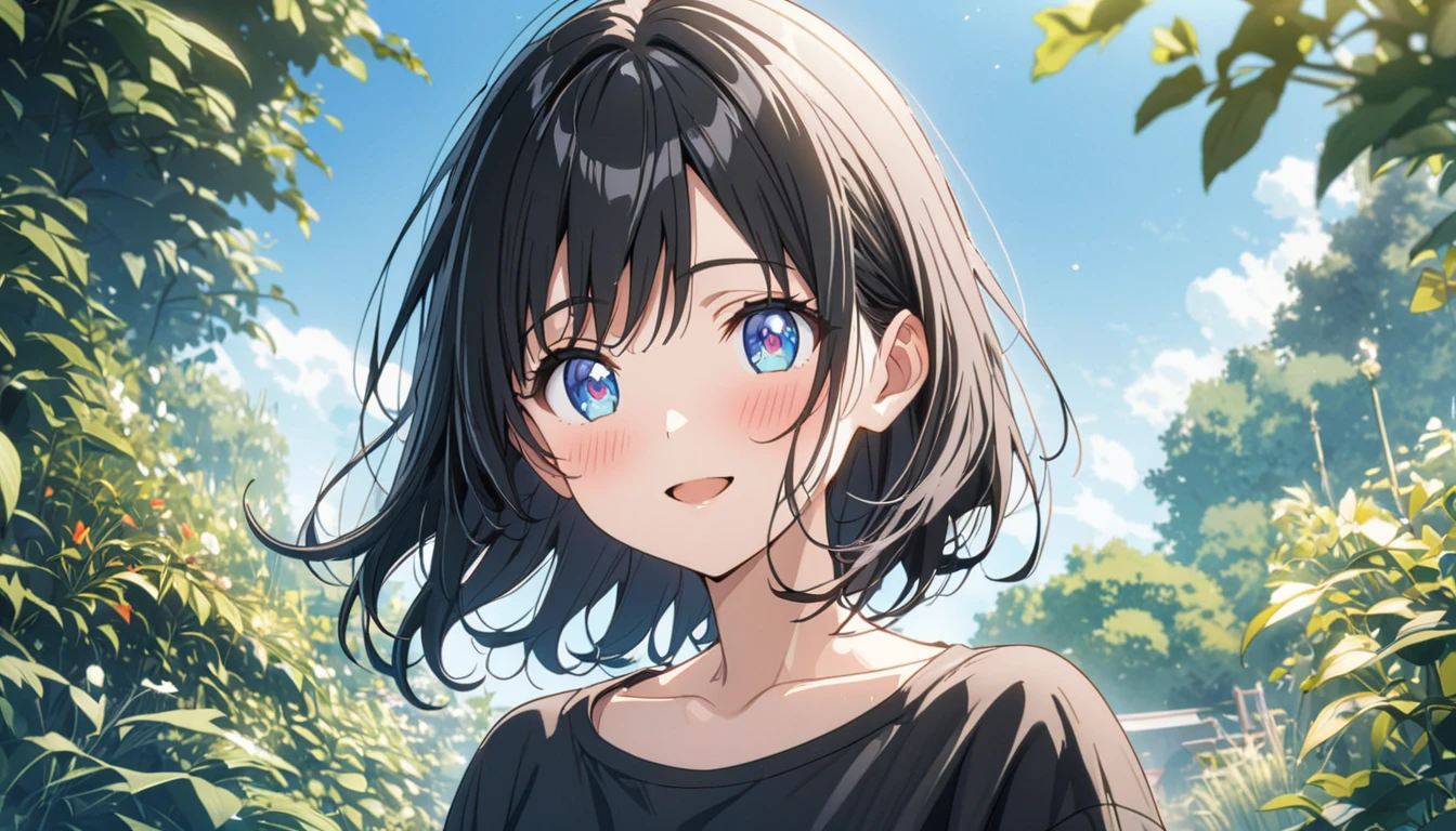one Beautiful girl, solo, gentle smile on her face flat chest, short hair, black hair, blue eyes, (detailed eyes), Masterpiece、Anime Coloring、Ultra fine、、、One Girl、Open your mouth wide、looking at the camera、smile、blush、Watery eye、Parted bangs、DullTshir、garden、blue sky、sunny
