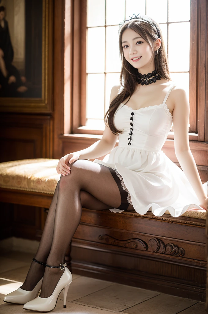 (Only one person), Pure Japanese young girl, wearing white color gothic Lolita style dress and accessories, pantyhose, classical high heels, vivid makeup and lips, thick eyebrows, arranged hair styles, sweet smile, sitting in antique gothic style interior, soft sunlight, summer atmosphere, dazzle me, professional photography, 