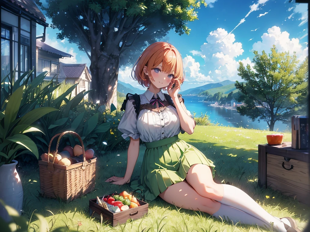 Woman lying on her back in the grass, (Recall,food:1.3),(picnic:1.3),basket, Elf Ears, Park with a view, Highest quality, grassland park, blue sky, hiking, Best image quality,Perfect Anatomy,masterpiece,Ultra-detailed,beautiful,super high quality, Highest quality,High resolution, Very detailed,Game CG,Dutch Angle ,beautiful細部までこだわった目,Visual Arts,Five Fingers, Perfect hands,Hide your hands, {{{One Girl}}}, beautiful詳細な女の子, Game CG, Spring flower, One curl on the outside, Short Bob Hair, Pastel orange hair, Purple eyes,Stylish accessories solo, breast enhancement, Medium Shoot, woman, Take-out, Laughter, huge ,,Pastel green checkered mini skirt,Black knee-highs, {{{{{Wearing a pastel green camisole}}}}},Open your mouth, wonderful, beautiful細部までこだわった目, Highest quality, Very delicate,Masseter muscle area,Highest quality,(Official Art、Highest quality、Unity 8k wallpaper、32K、masterpiece、Ultra-detailed、超High resolution、Realistic、Photorealistic:1.2)、(Cinema Lighting:1.2)、Fire Glow Effect、The most grainy shadows on the film、Side light、Side Shot、(Ultra-detailedで複雑な3Dレンダリング)、Atelier Series, Multiple Girls